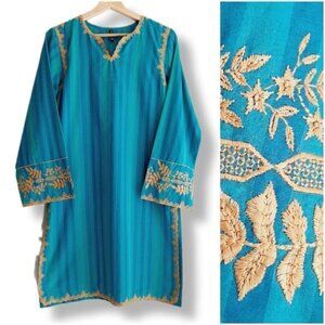 BEECH TREE Blue Stripe Gold Embroidered Tunic Top Sz 10